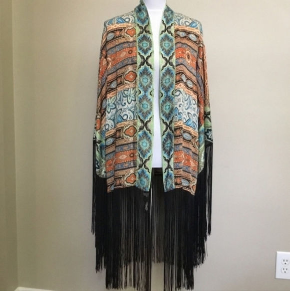 Boston Proper Bohemian Artsy Moasic Fringe Kimono Cardigan Wrap Cape Open Duster - Picture 7 of 12